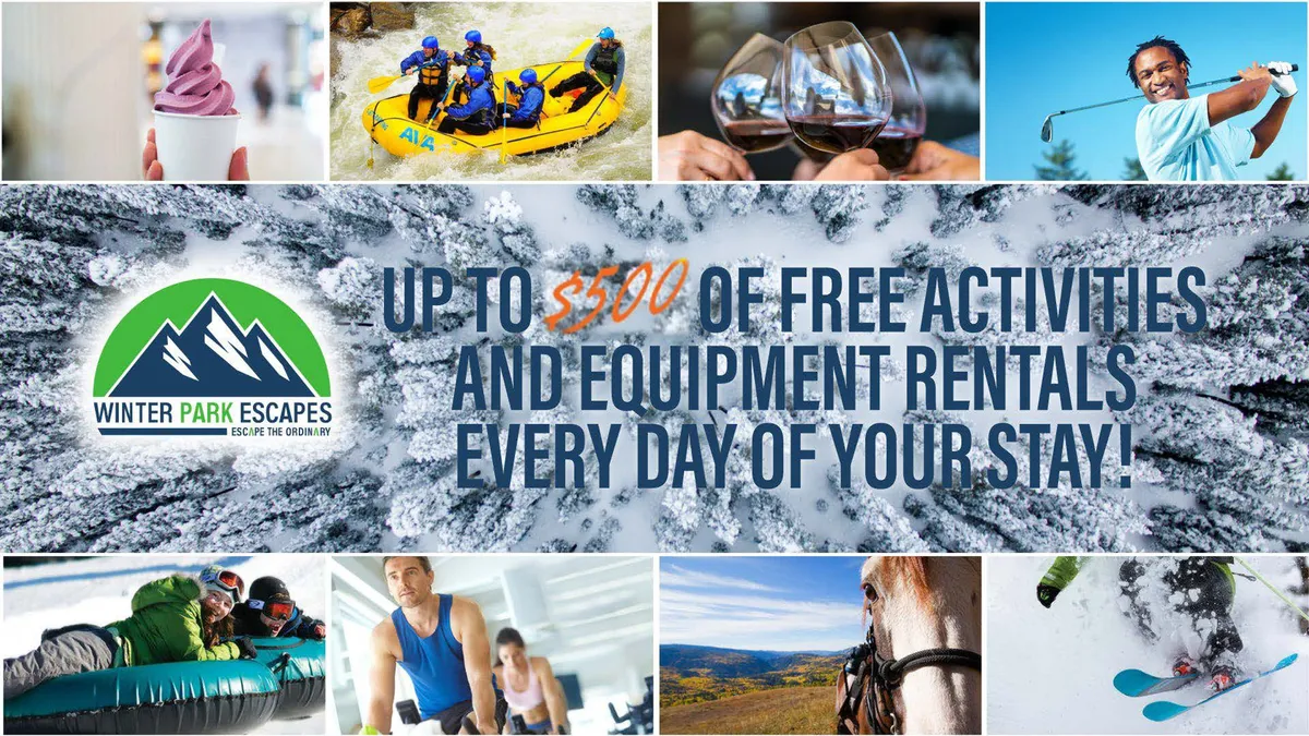 A vibrant exterior collage depicting families and friends enjoying various outdoor activities such as rafting on a river, tasting local cuisine, skiing, golfing, horseback riding, and eating ice cream. The mood is adventurous and social, with scenic backgrounds enhancing the sense of exploration.