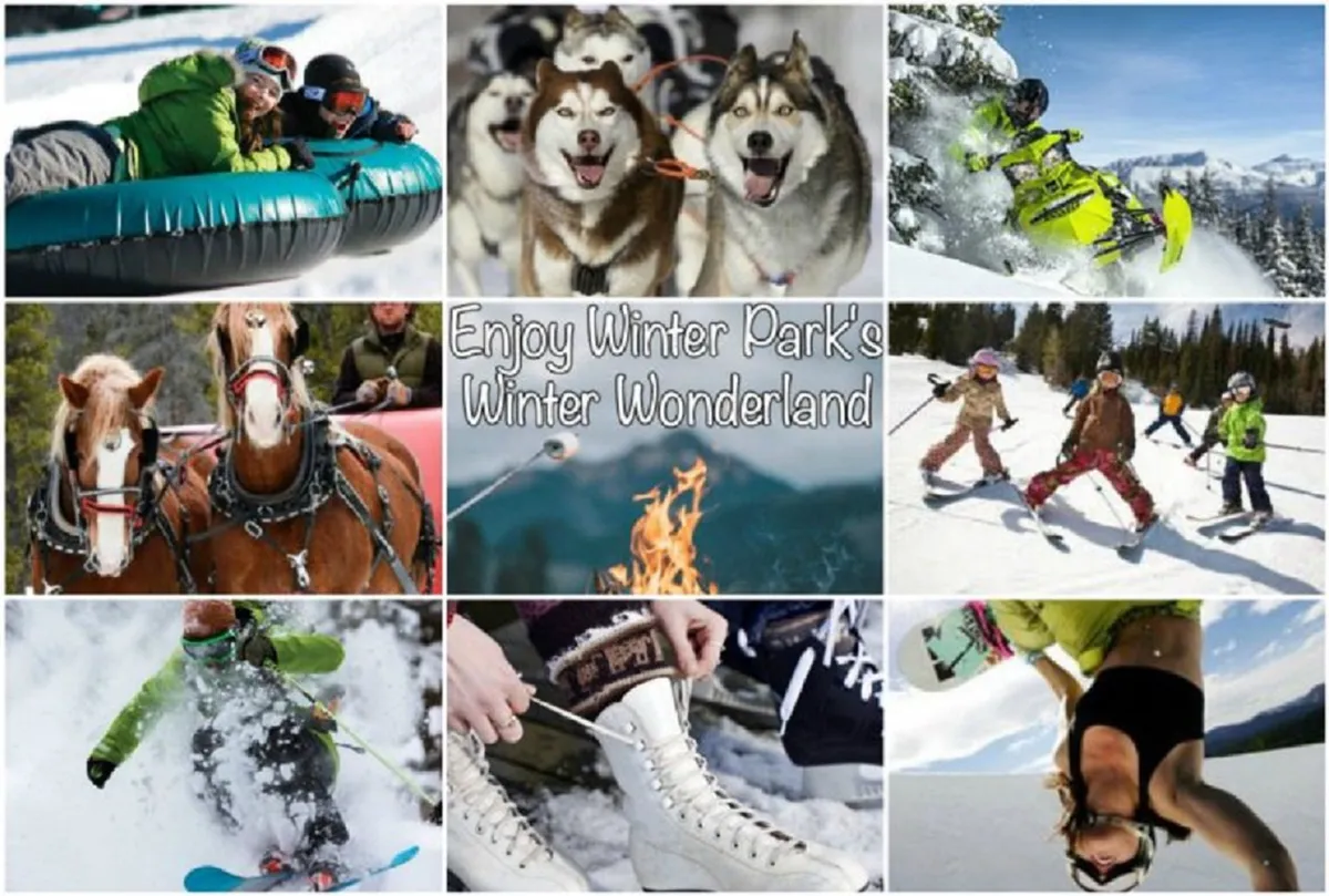 This vibrant composite image showcases a variety of winter adventures: guests snowmobiling, tubing down snow-covered hills, riding with sled dogs, enjoying horse-drawn sleigh rides, gathering around a fire pit, skiing, snowboarding, and ice skating. The scene is bustling with activity, set against a picturesque snowy landscape.