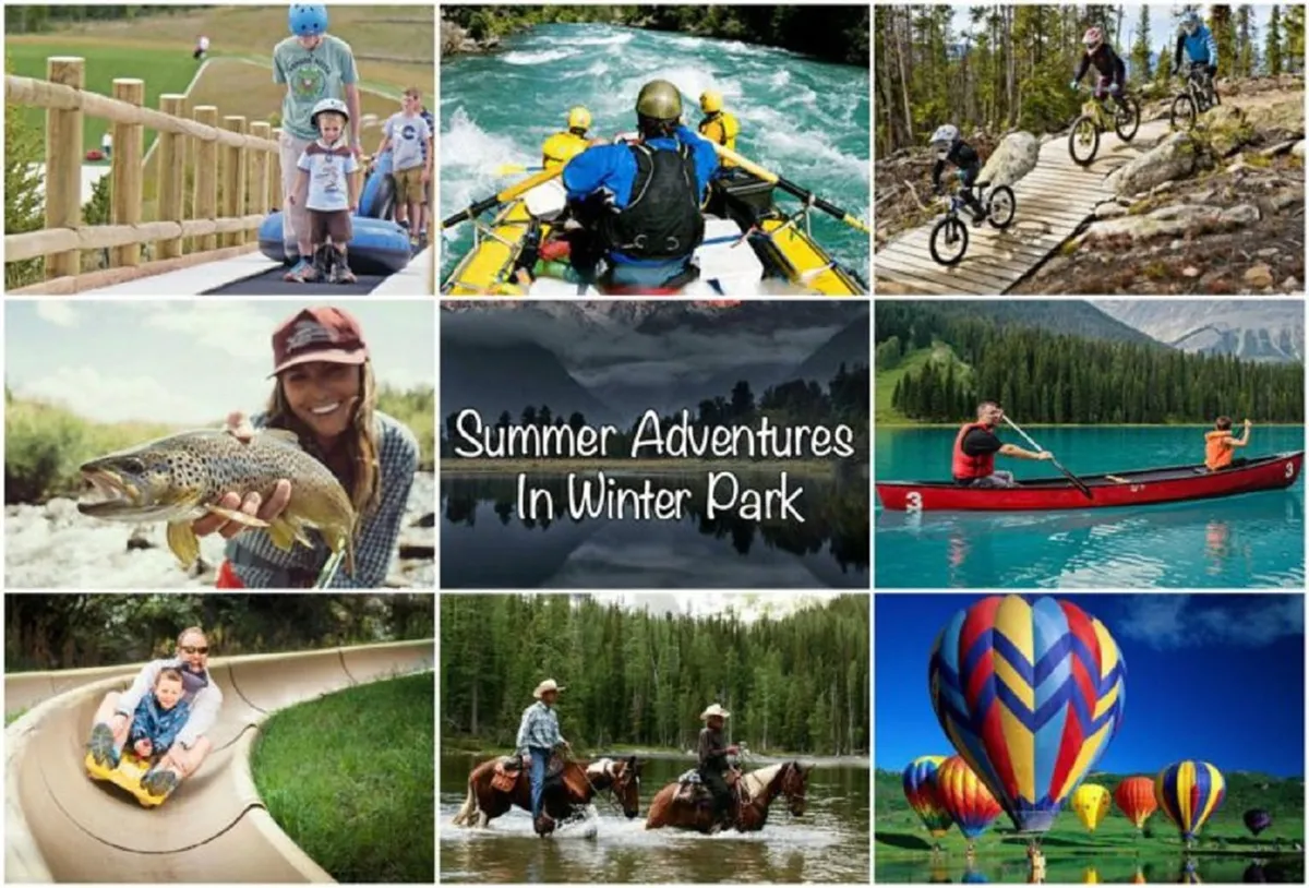 A lively outdoor scene featuring families rafting on a river, cycling on nearby trails, fishing in serene waters, horseback riding, and enjoying the spectacle of hot air balloons. The landscape is vibrant and inviting, with clear skies and lush greenery, highlighting a diverse array of summer and warm-weather adventures.